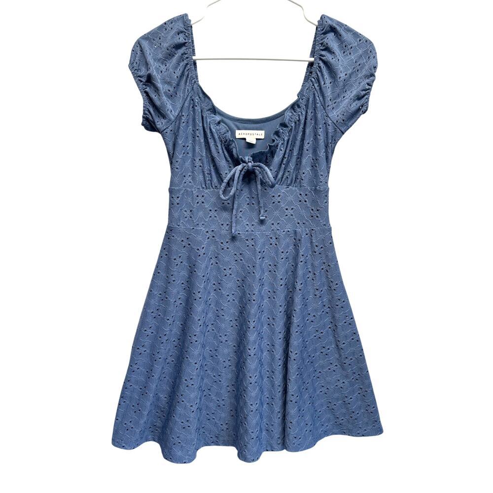 Aeropostale Knit Eyelet Mini Dress Milkmaid Babydoll Boho Small‎ Y2K Periwinkle